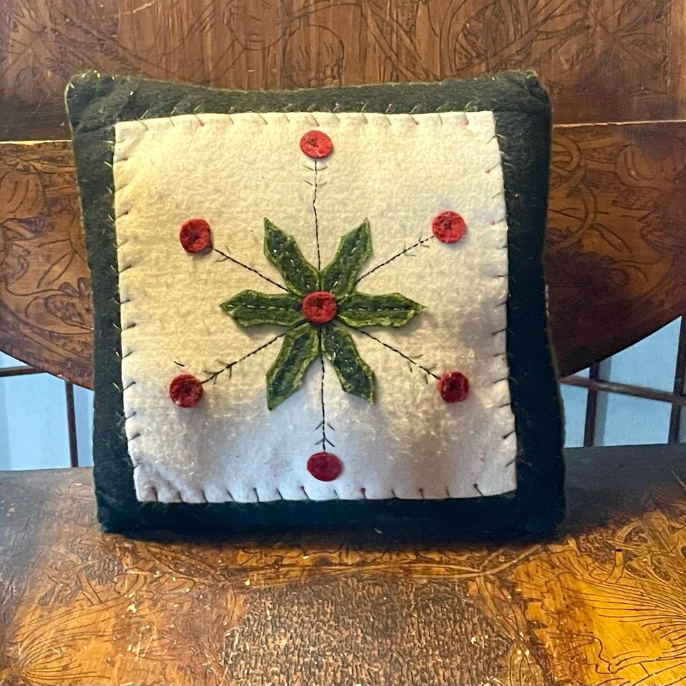 9.5”  Holiday folk art pillow, appliqued flowers , wool